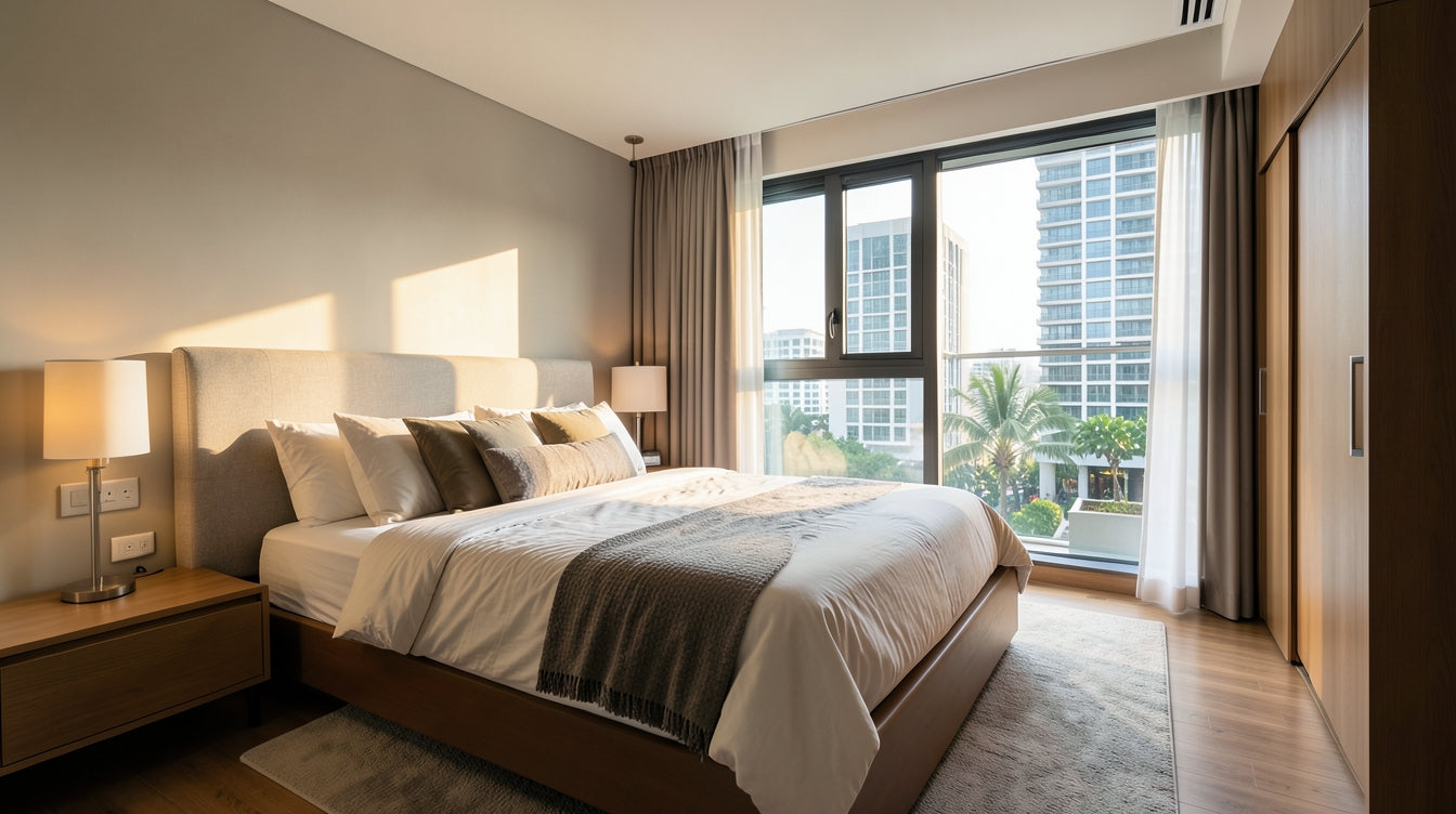 Small Condo Bedroom: Fitting Queen Bed, Wardrobe and Dresser - Singapore Home Interior